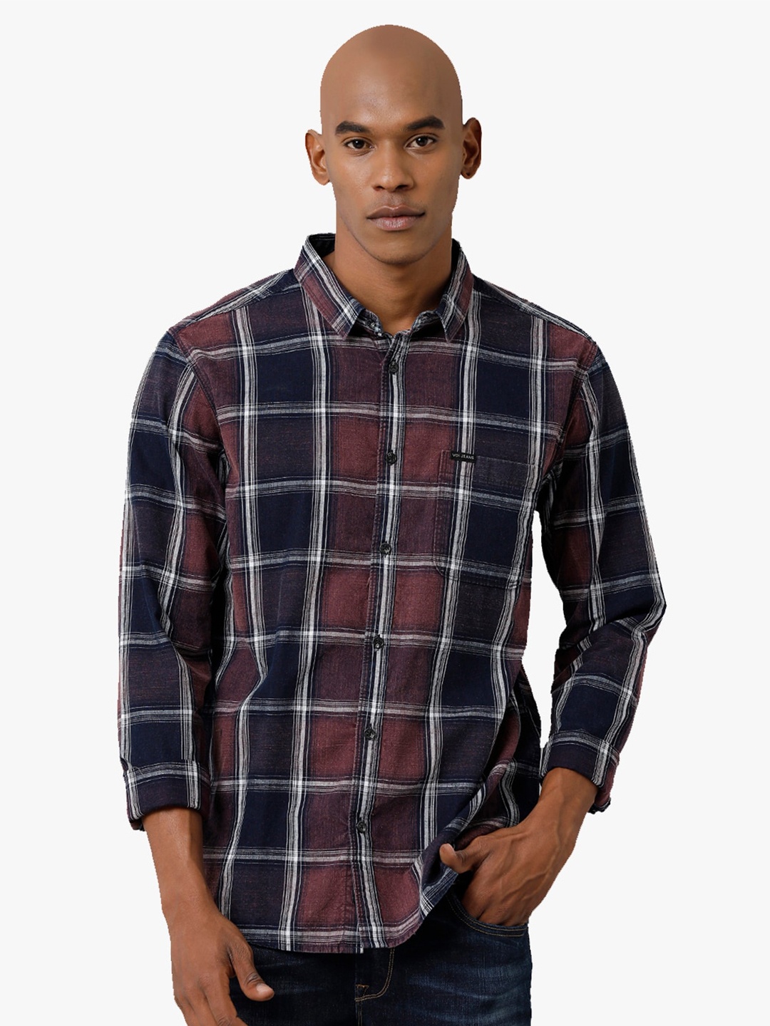 

Voi Jeans Slim Fit Tartan Checks Checked Pure Cotton Casual Shirt, Navy blue