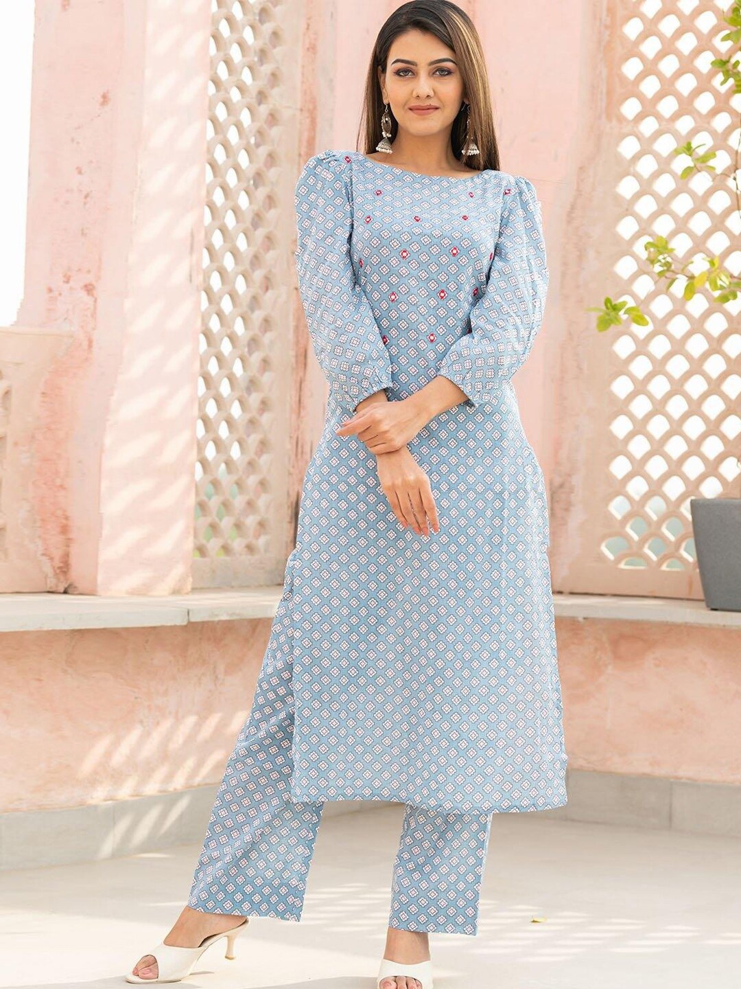 

Ambraee Puff Sleeves Ethnic Motifs Printed Mirror Work Kurta with Trousers, Blue