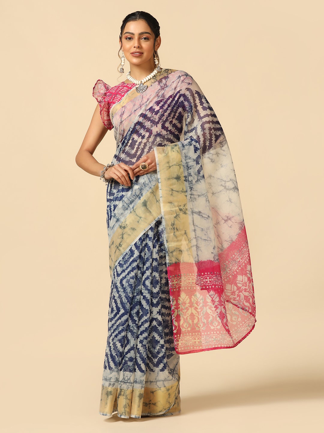 

KALINI Geometric Printed Saree, Blue