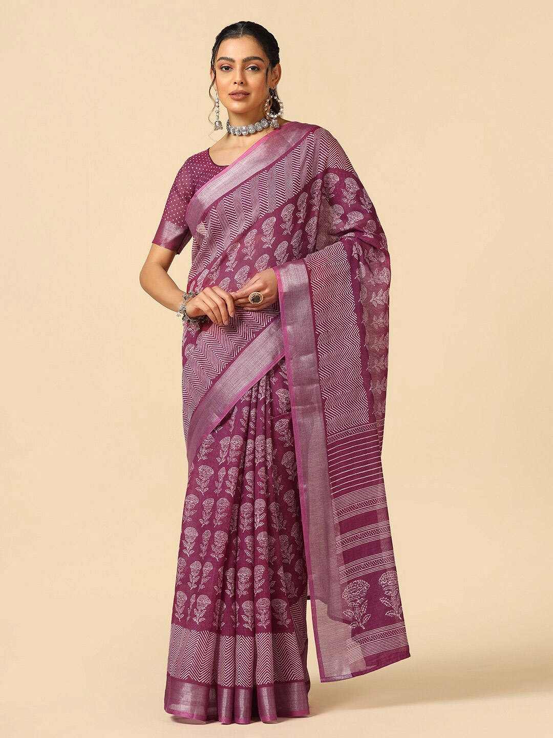 

Satrani Ethnic Motifs Printed Zari Saree, Purple