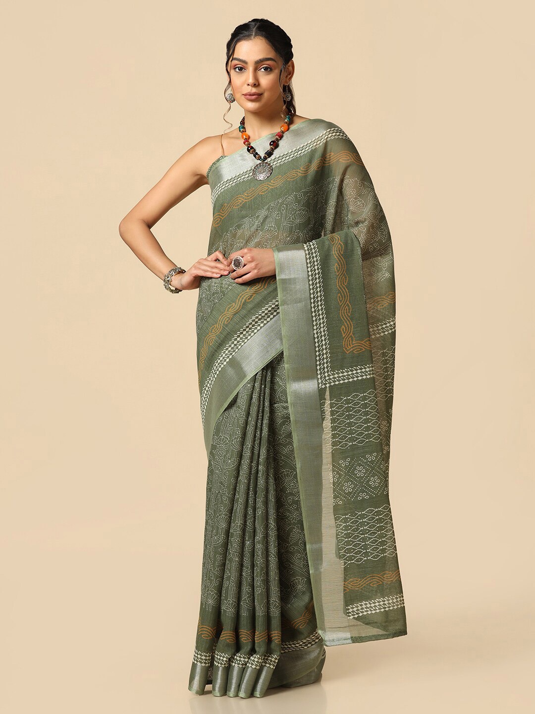 

Satrani Ethnic Motifs Printed Zari Saree, Green