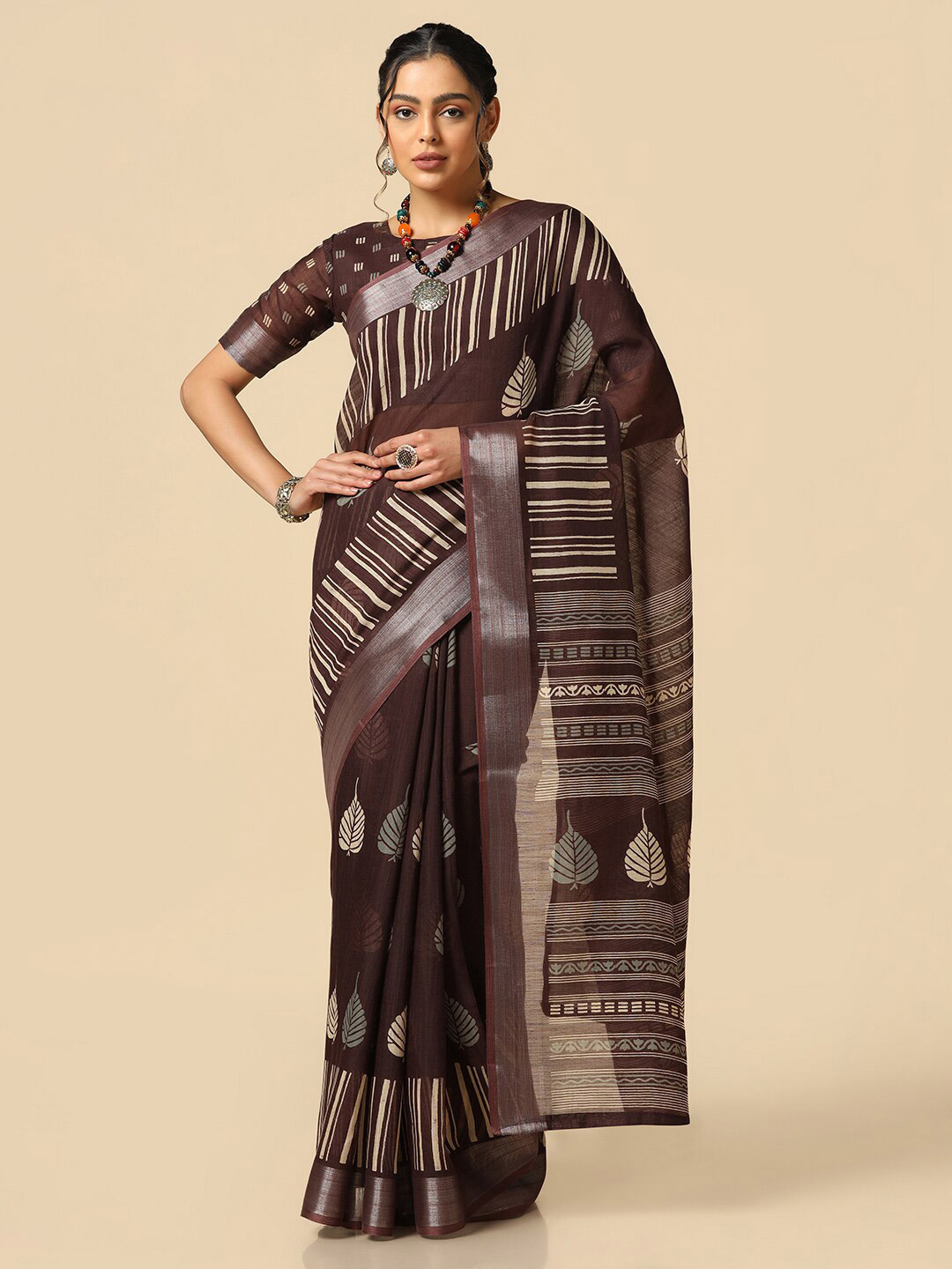 

Satrani Ethnic Motifs Printed Zari Saree, Brown