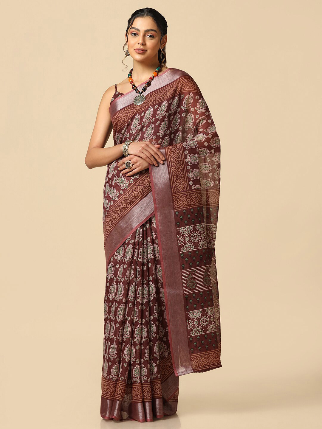 

Satrani Ethnic Motifs Printed Zari Saree, Brown