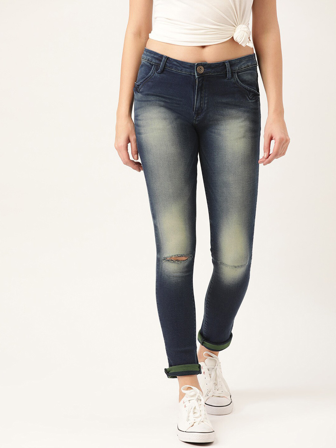 

urSense Women Slim Fit Slash Knee Heavy Fade Stretchable Jeans, Navy blue