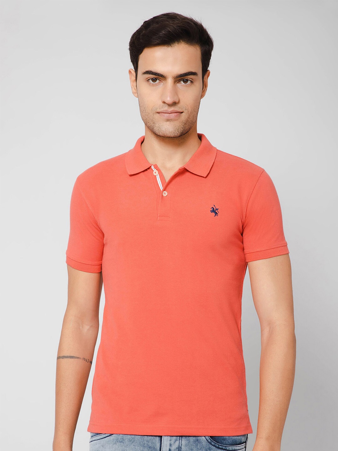 Cantabil Men Polo Collar Regular Fit Cotton T-shirt, Coral