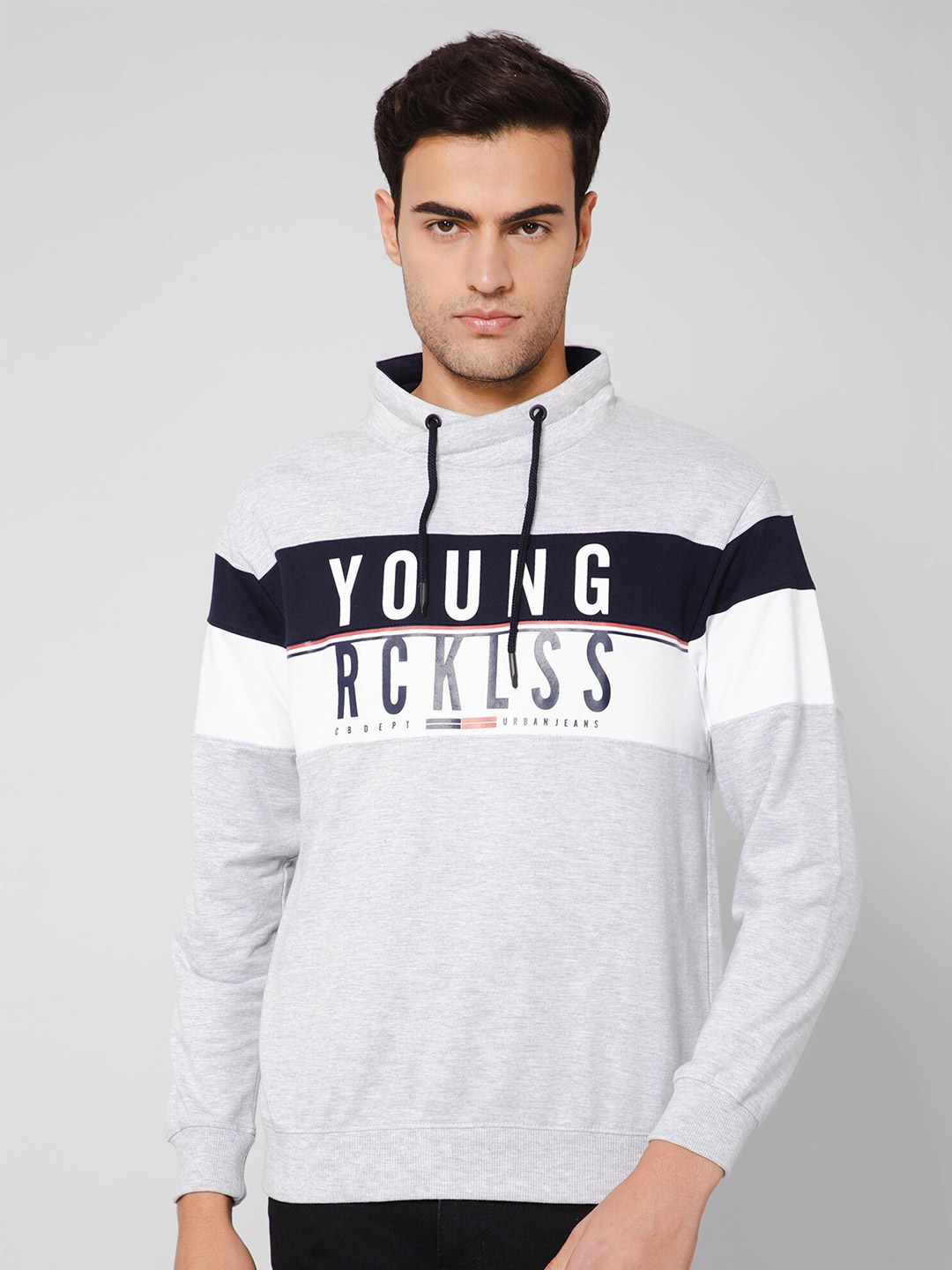 

Cantabil Typography Printed Long Sleeve High Neck T-shirt, Grey melange