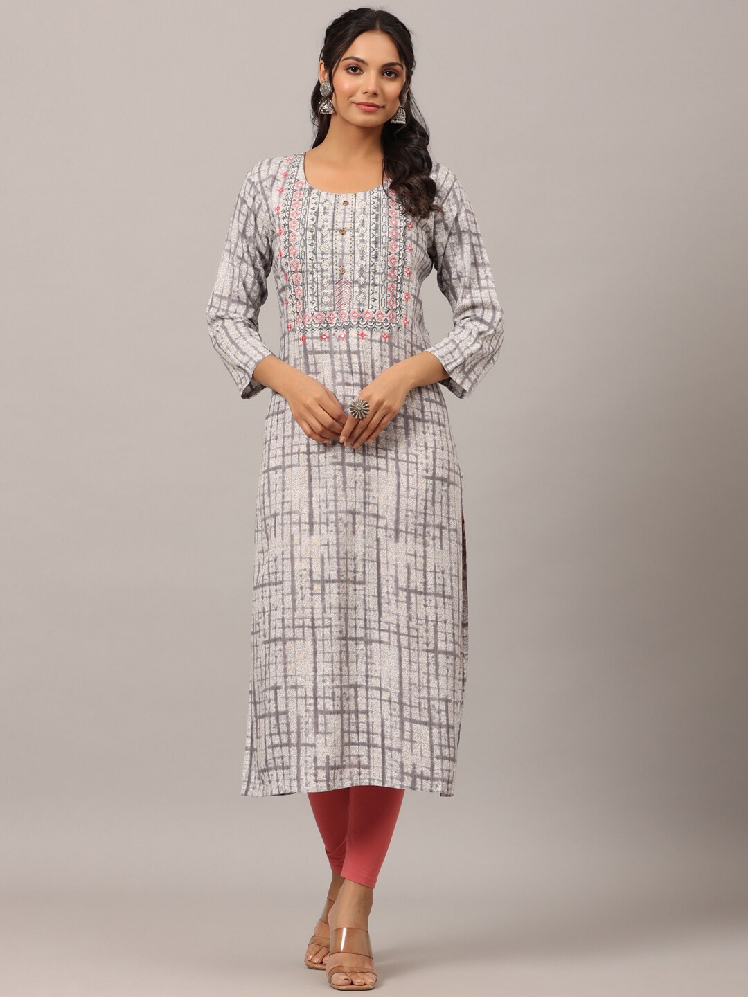 

Amchoor Abstract Printed Thread Work Straight Kurta, Grey