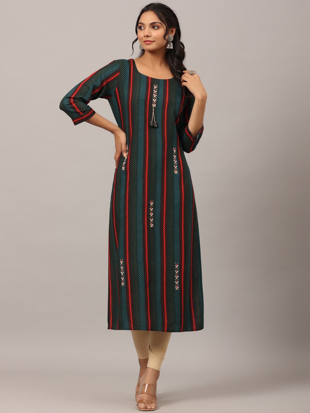 

Amchoor Striped Thread Work Straight Kurta, Teal