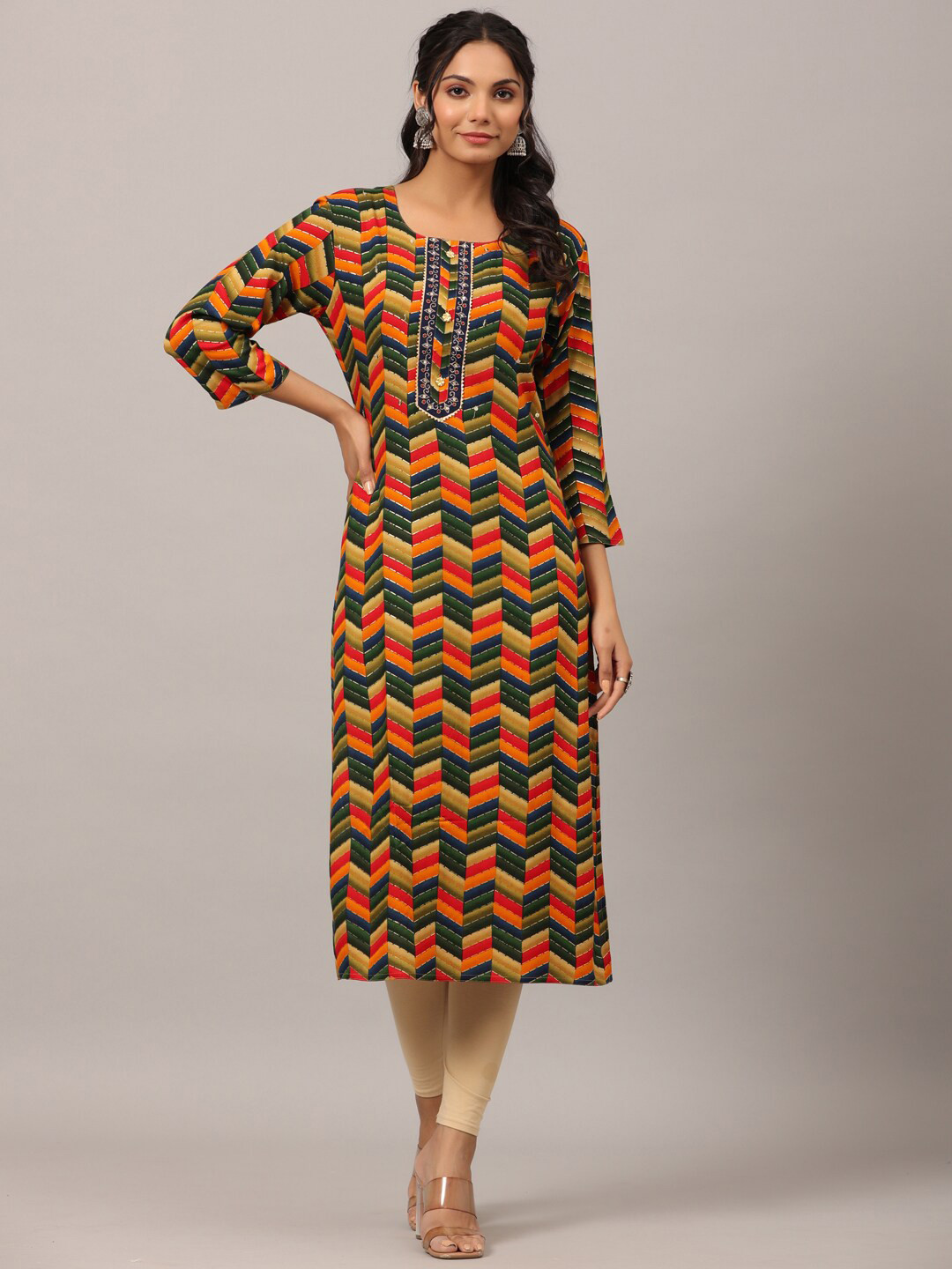 

Amchoor Geometric Printed Thread Work Straight Kurta, Beige