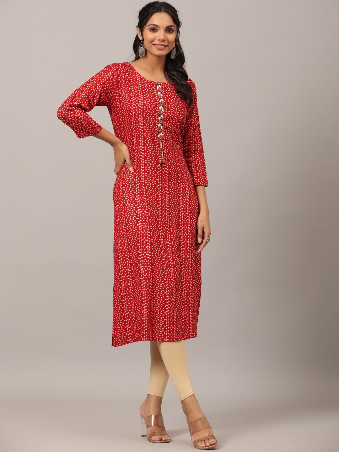 

Amchoor Bandhani Printed Thread Work Straight Kurta, Maroon