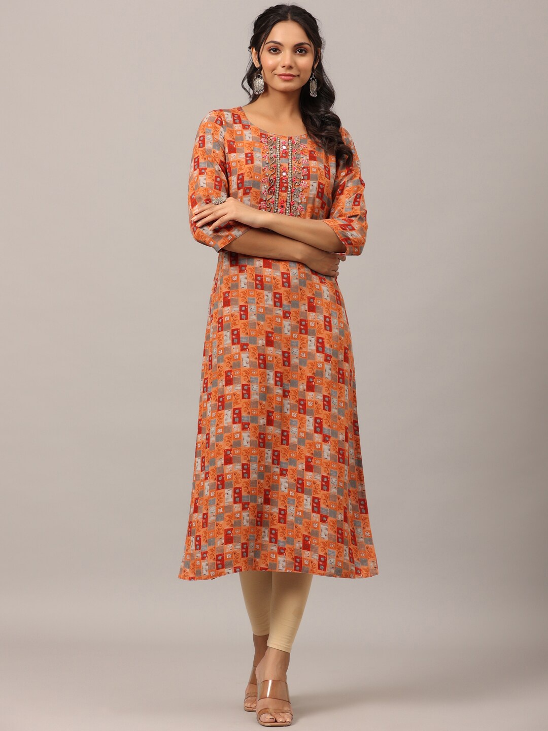 

Amchoor Bead & Stone Work Geometric Printed Straight Kurta, Red