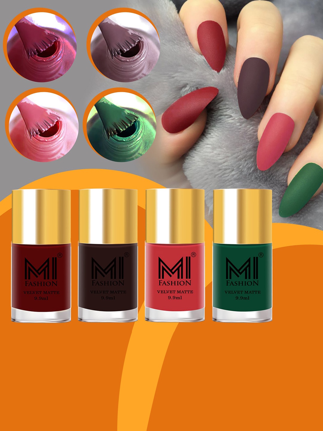 

MI FASHION Set of 4 Velvet Matte Nail Polish 9.9 ml Each - Shade 08, 09, 10, 21, Green
