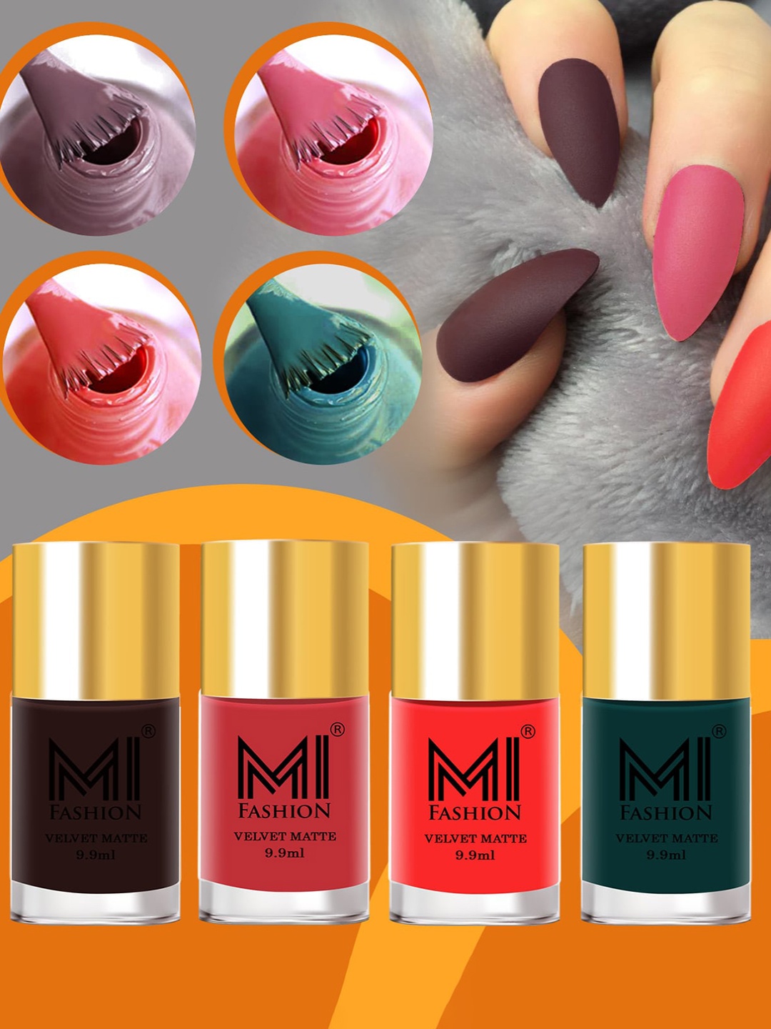 

MI FASHION Set of 4 Velvet Matte Nail Polish 9.9 ml Each - Shade 09, 10, 11, 12, Brown