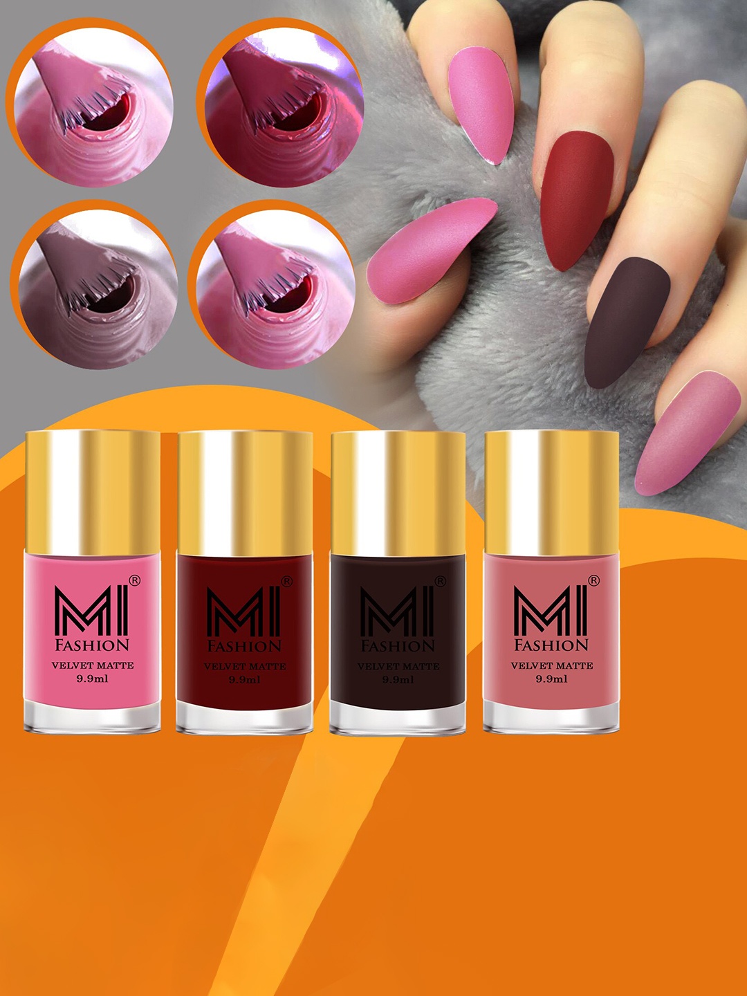 

MI FASHION Set of 4 Velvet Matte Long Lasting Nail Polish - 9.9 ml Each, Pink