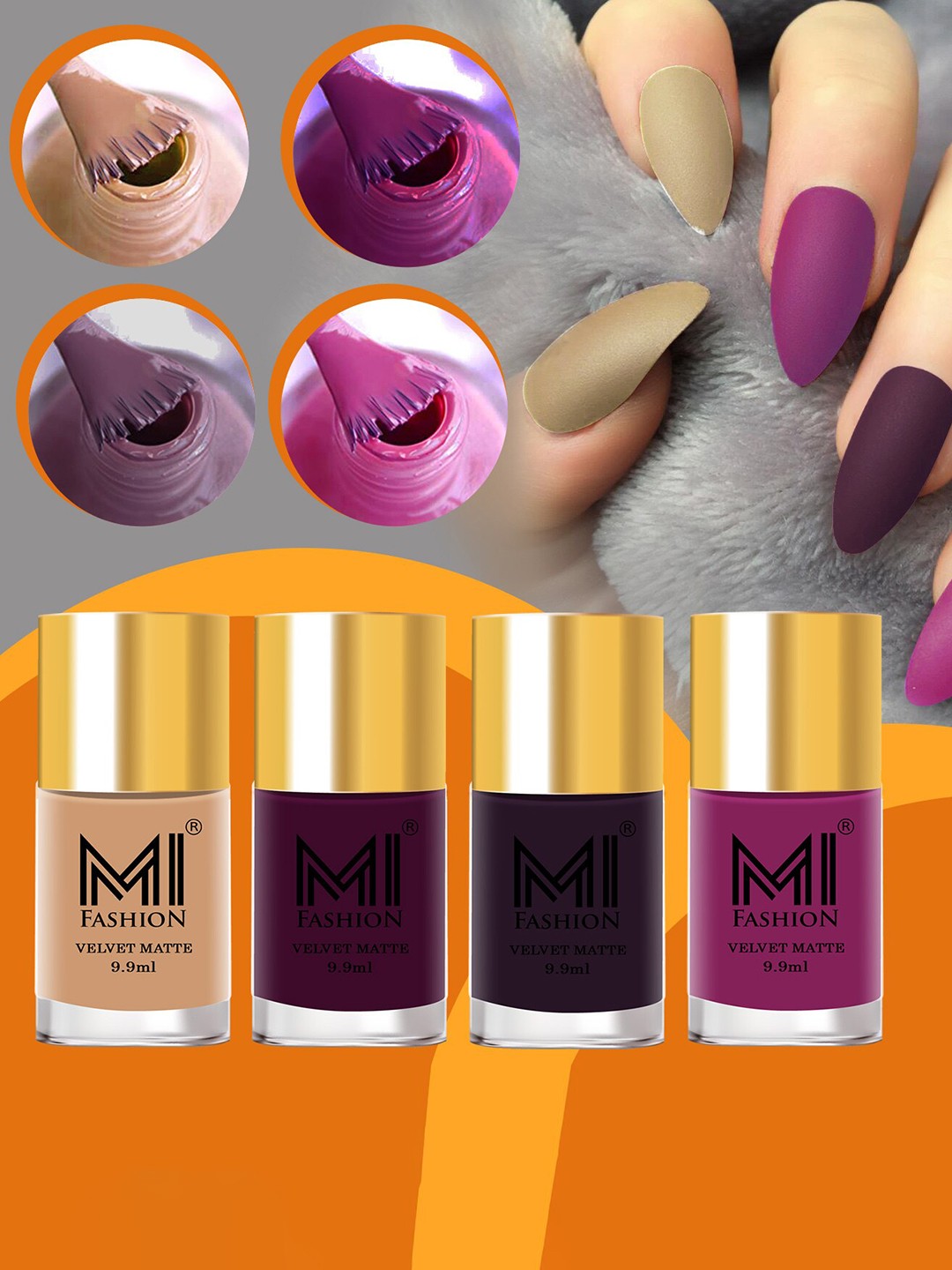 

MI FASHION Set of 4 Velvet Matte Nail Polish 9.9 ml Each - Shade 28, 29, 30, 38, Purple