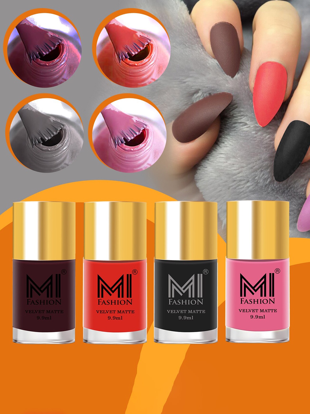 

MI FASHION Set of 4 Velvet Matte Long Lasting Nail Polish - 9.9 ml Each, Orange