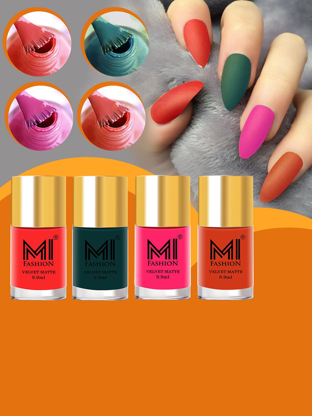 

MI FASHION Set of 4 Velvet Matte Long Lasting Nail Polish - 9.9 ml Each, Orange