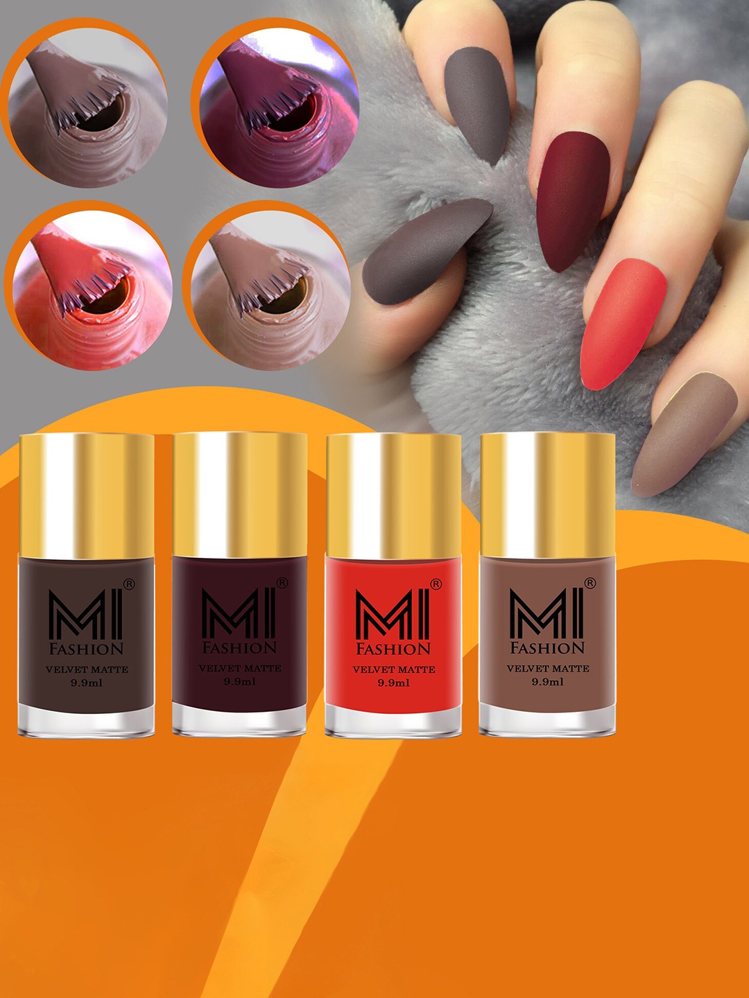 

MI FASHION Set of 4 Velvet Matte Long Lasting Nail Polish - 9.9ml Each, Orange