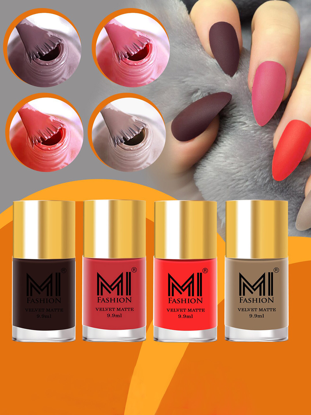 

MI FASHION Set of 4 Velvet Matte Long Lasting Nail Polish - 9.9 ml Each, Orange