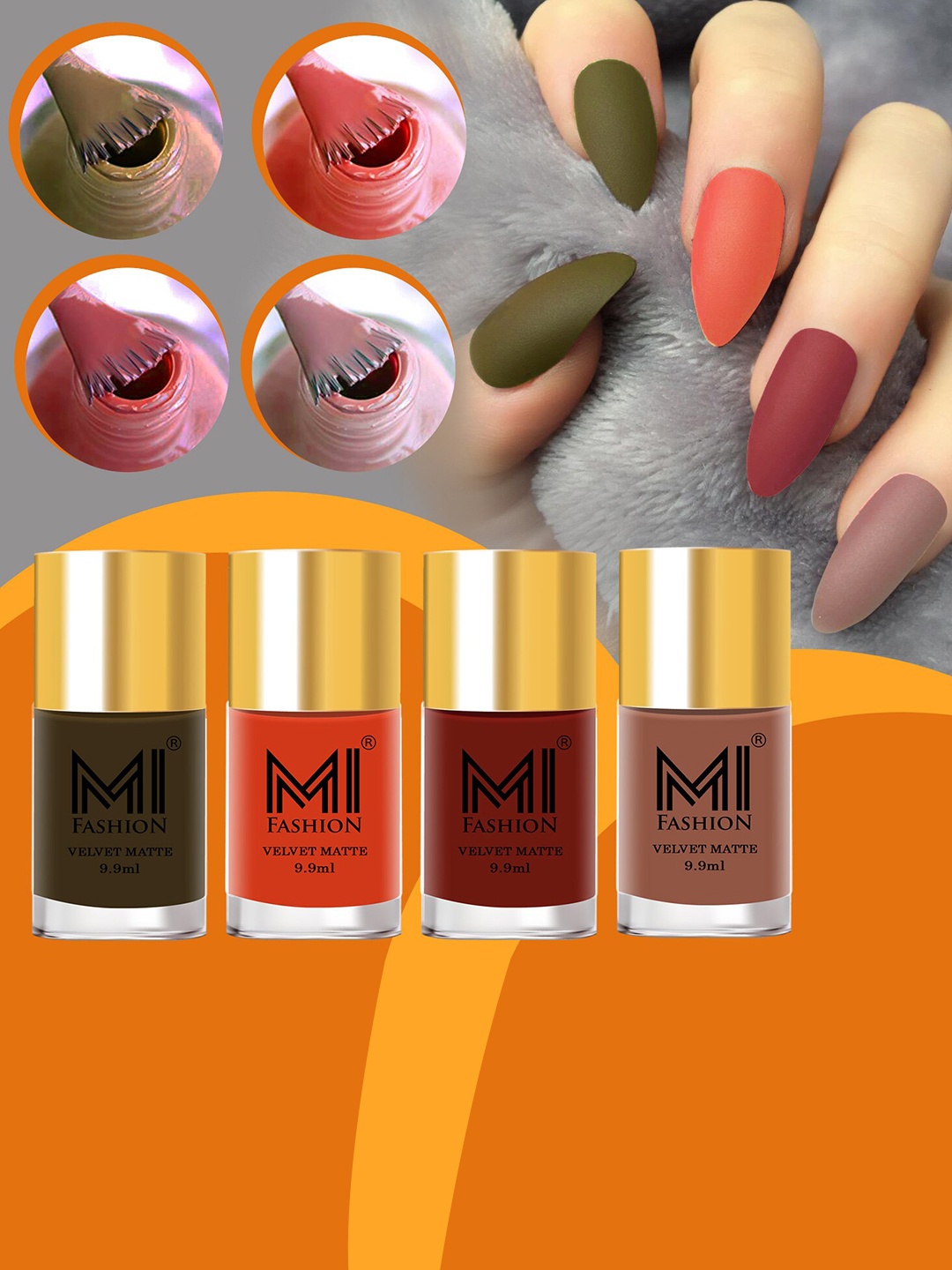 

MI FASHION Set of 4 Velvet Matte Long Lasting Nail Polish - 9.9 ml Each, Orange