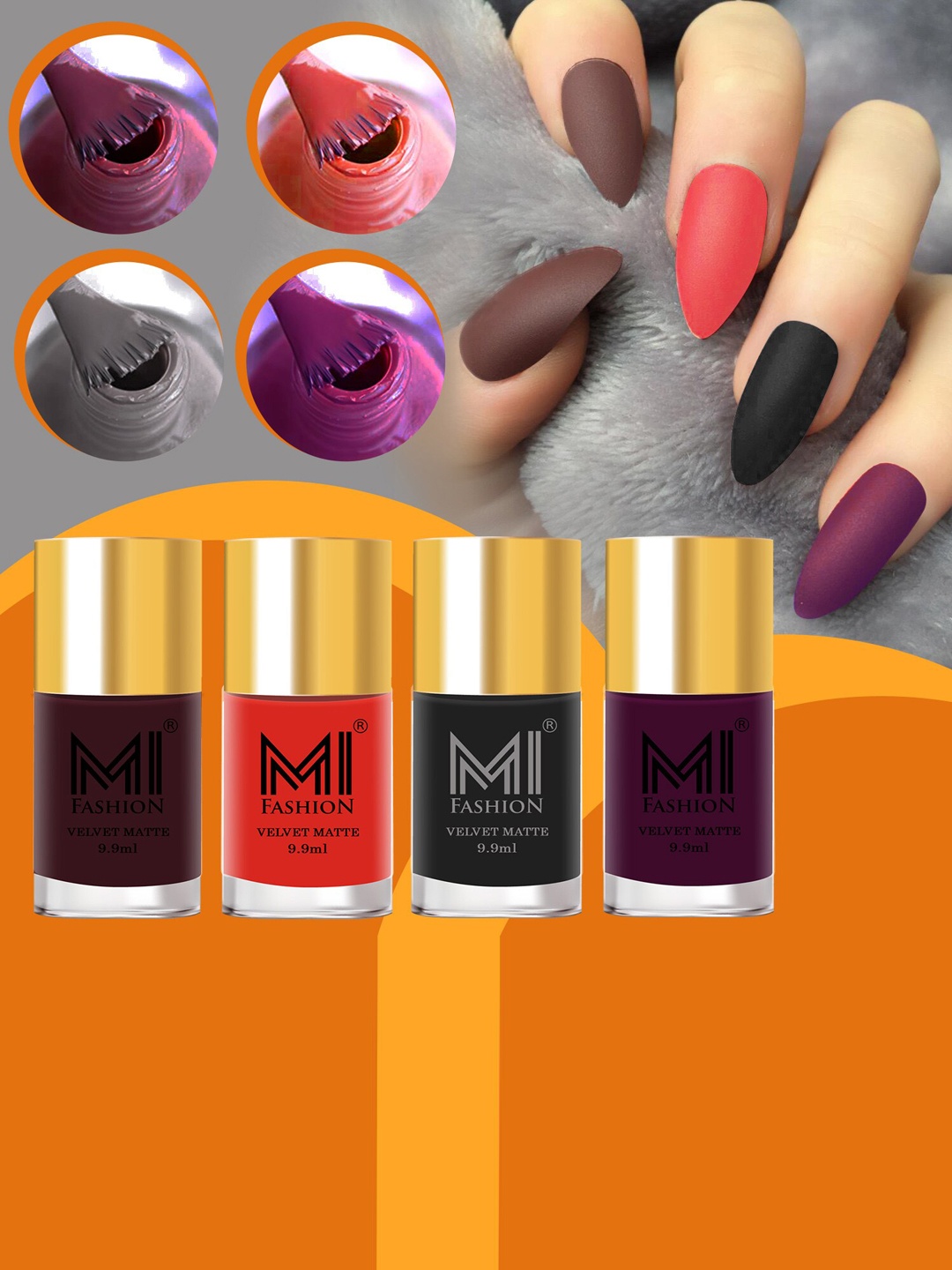 

MI FASHION Set of 4 Velvet Matte Long Lasting Nail Polish - 9.9 ml Each, Orange
