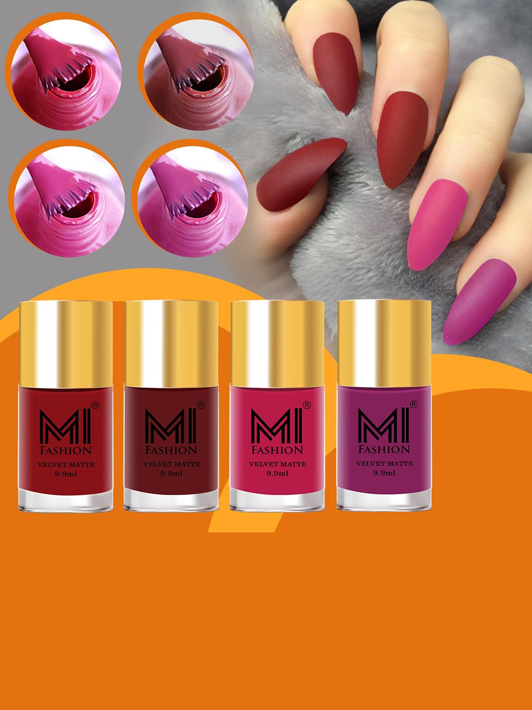 

MI FASHION Set Of 4 Velvet Matte Nail Polish - 9.9 ml Each, Maroon