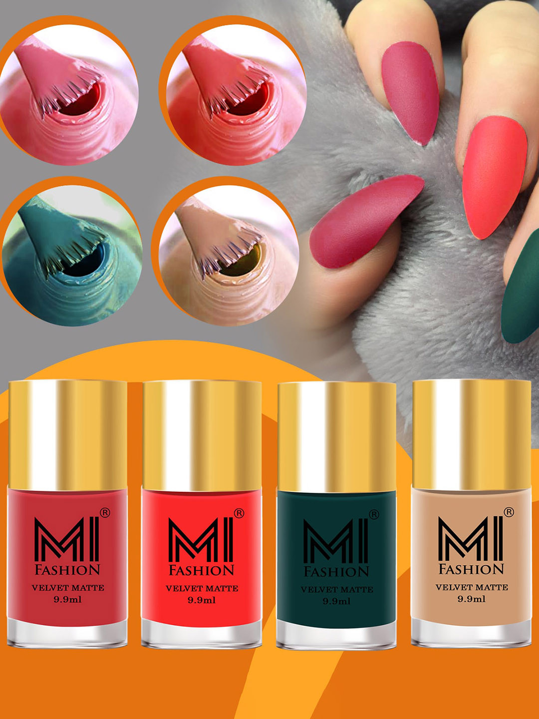 

MI FASHION Set Of 4 Velvet Matte Nail Polish - 9.9 ml Each, Orange