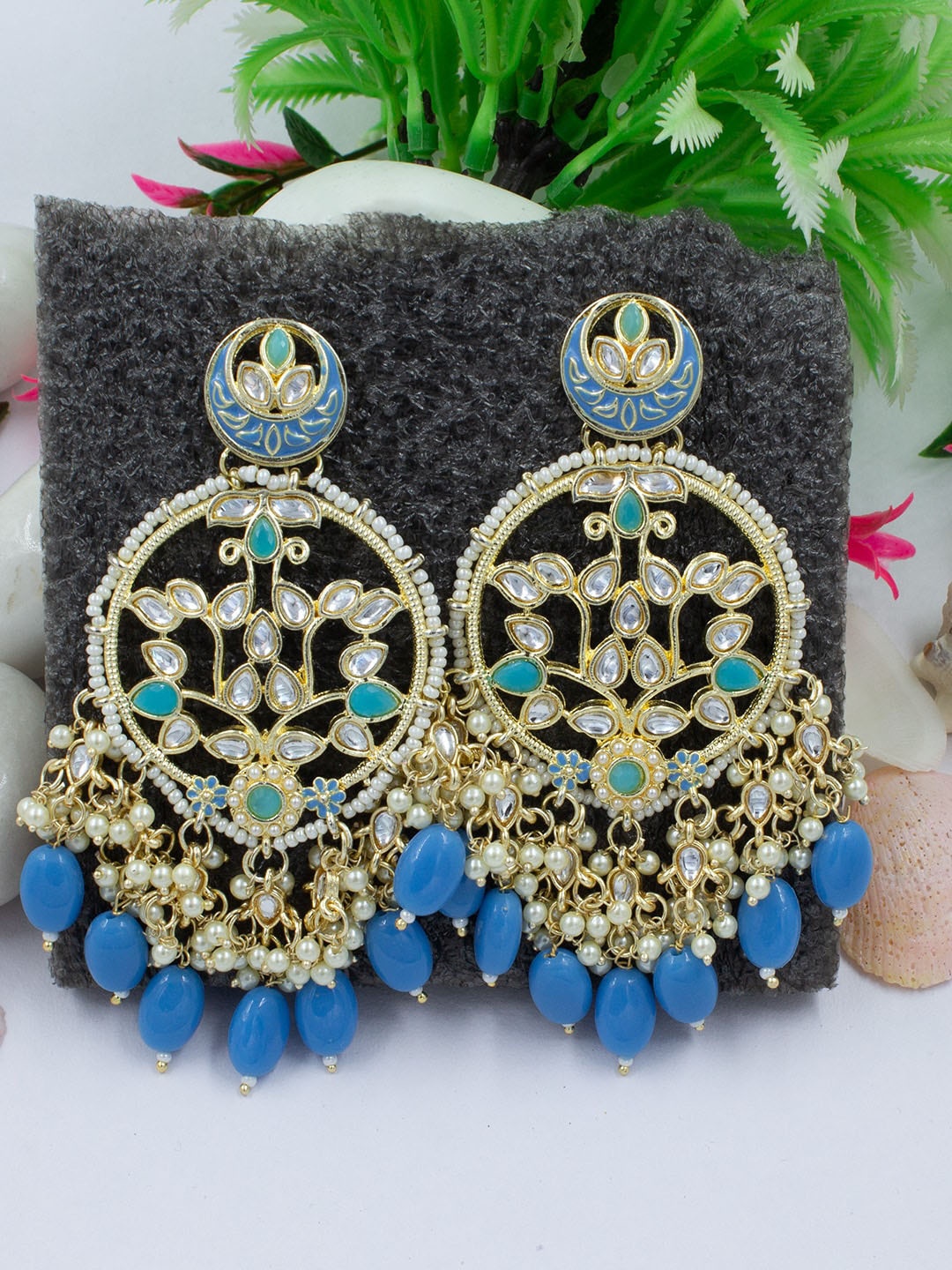 

PRIVIU Gold-Plated Artificial Stones and Beads Floral Drop Earrings, Blue