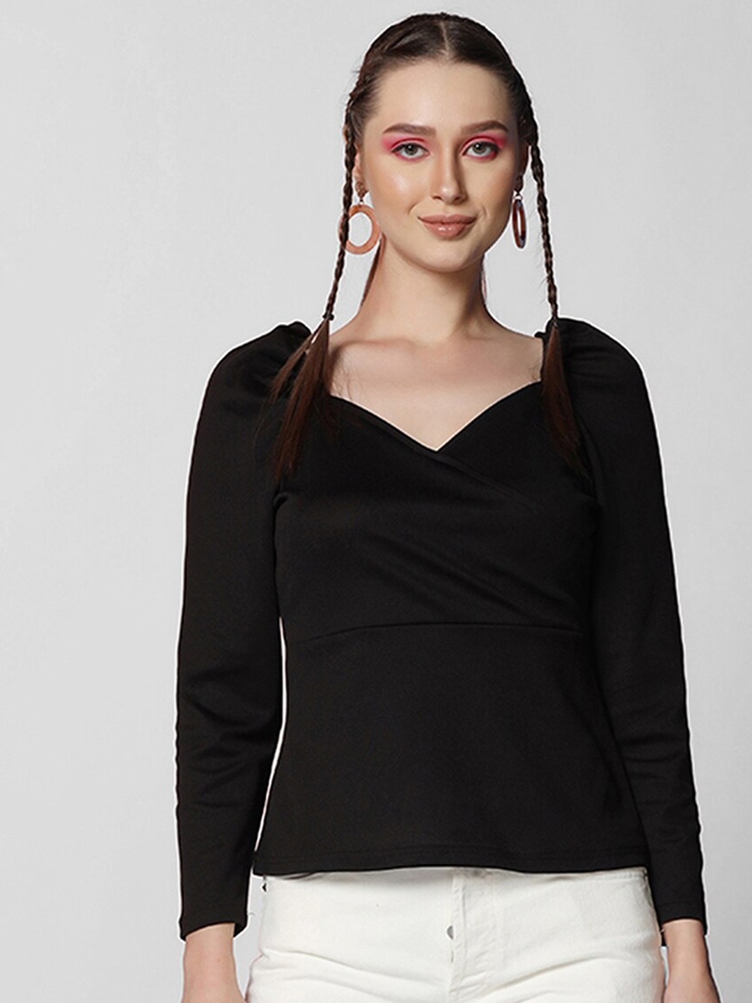 

Selvia V-Neck Long Sleeves Lycra Wrap Top, Black