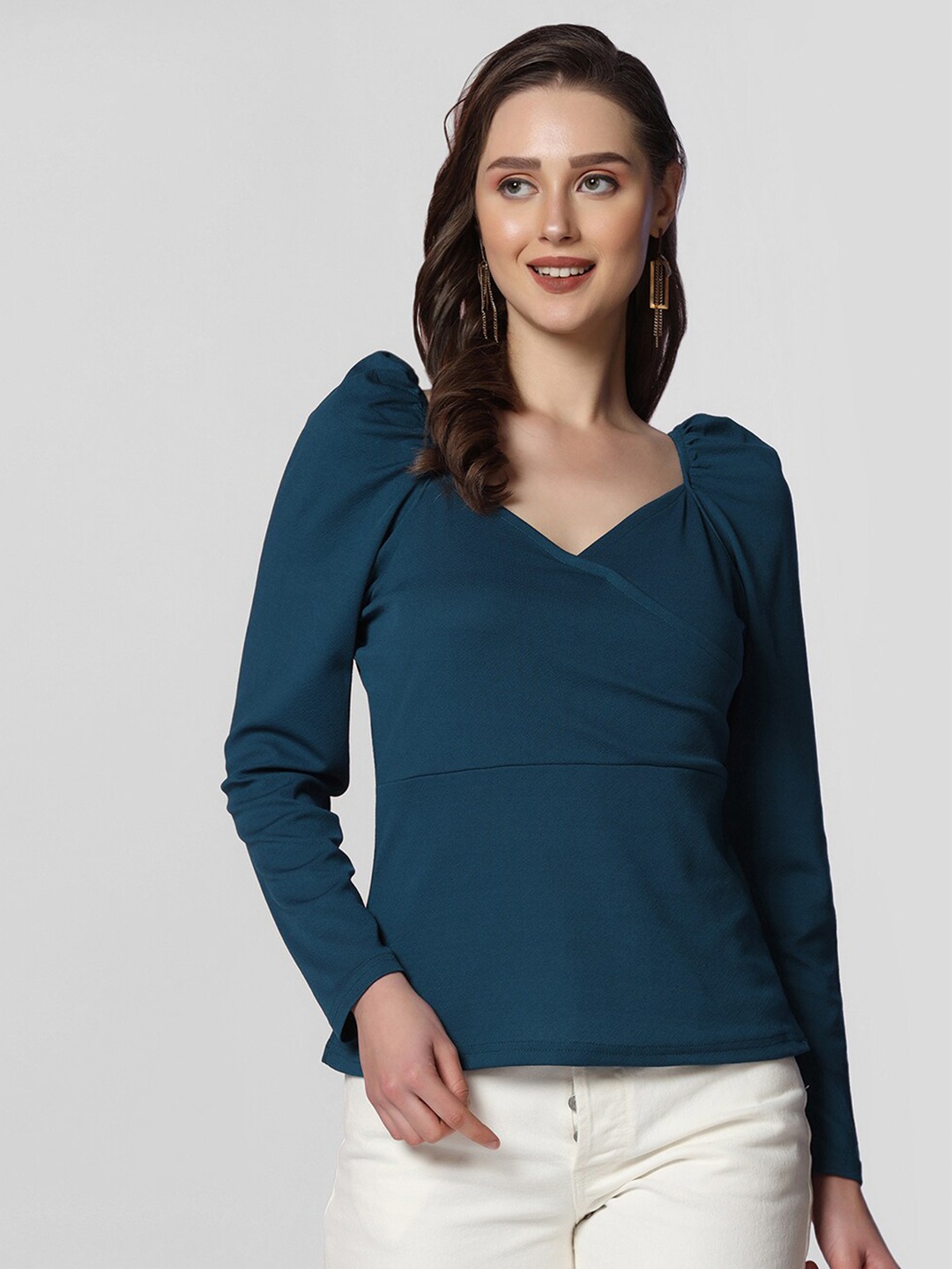 

Selvia V-Neck Puff Sleeves Wrap Top, Teal