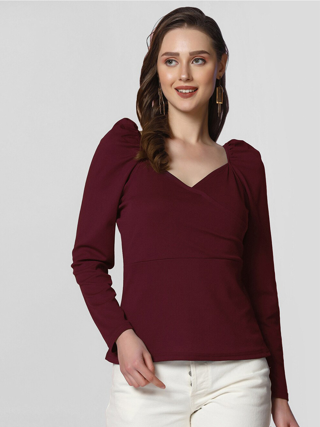 

Selvia V Neck Puff Sleeves Regular Top, Maroon