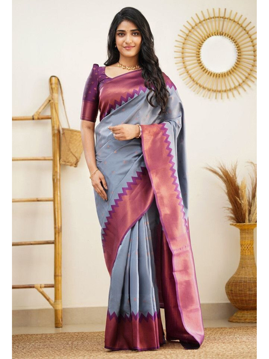 

Jinax Woven Design Zari Pure Silk Banarasi Saree, Grey