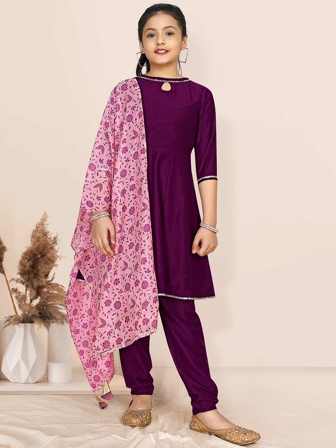 

FASHION DREAM Girls Keyhole Neck Gotta Patti Kurta with Trousers & Dupatta, Maroon