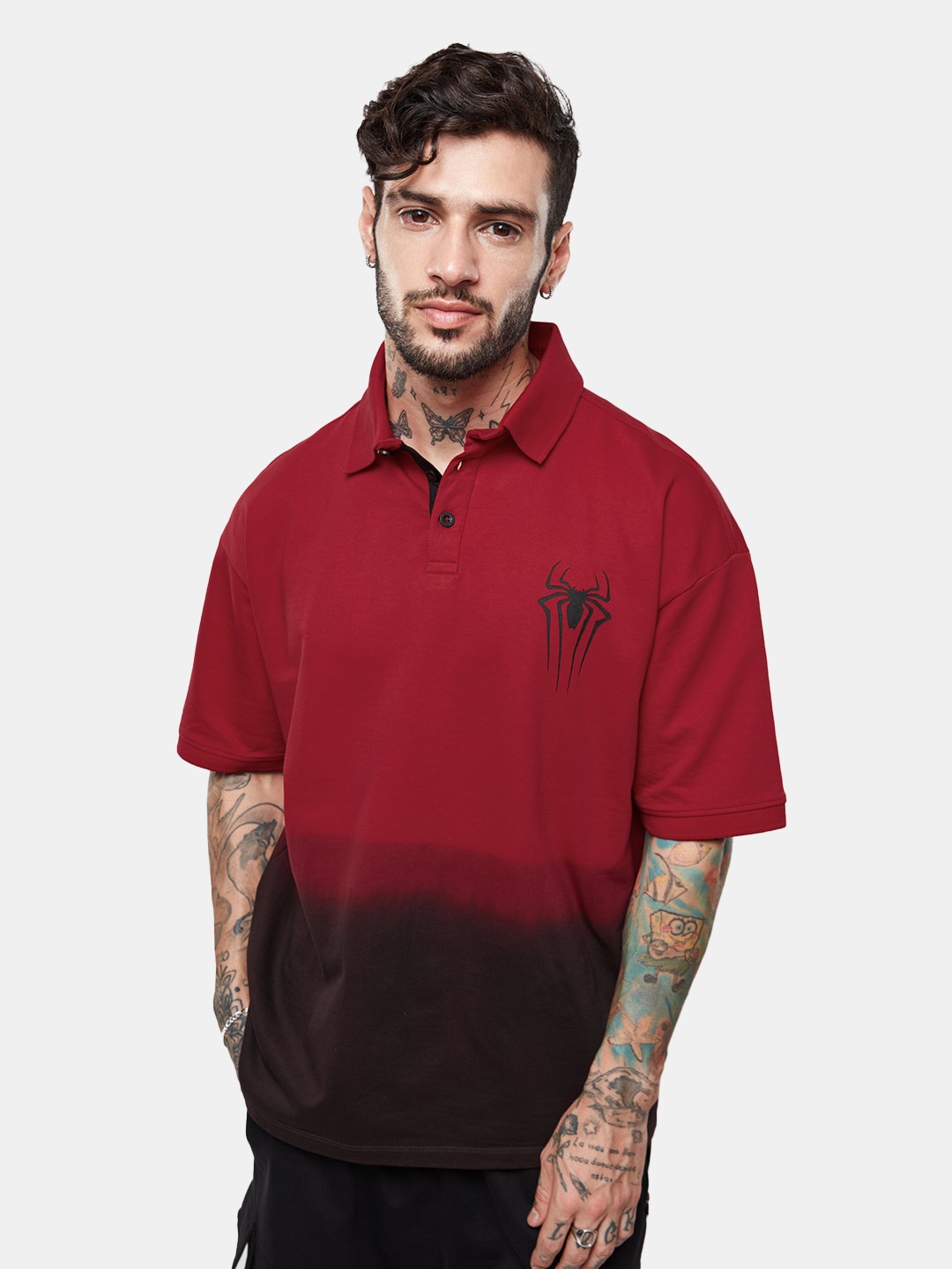 

The Souled Store Men Ombre Spider-Man: Logo Polo Collar Cotton Loose Oversized T-Shirt, Red