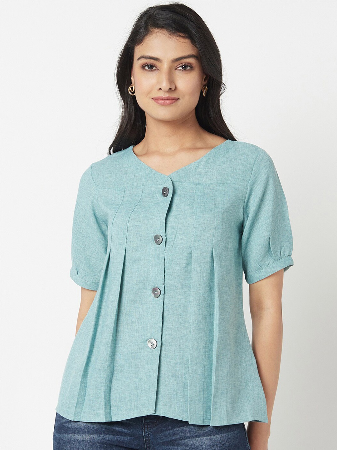 

Miss Grace V-Neck Puff Sleeves A-Line Top, Turquoise blue