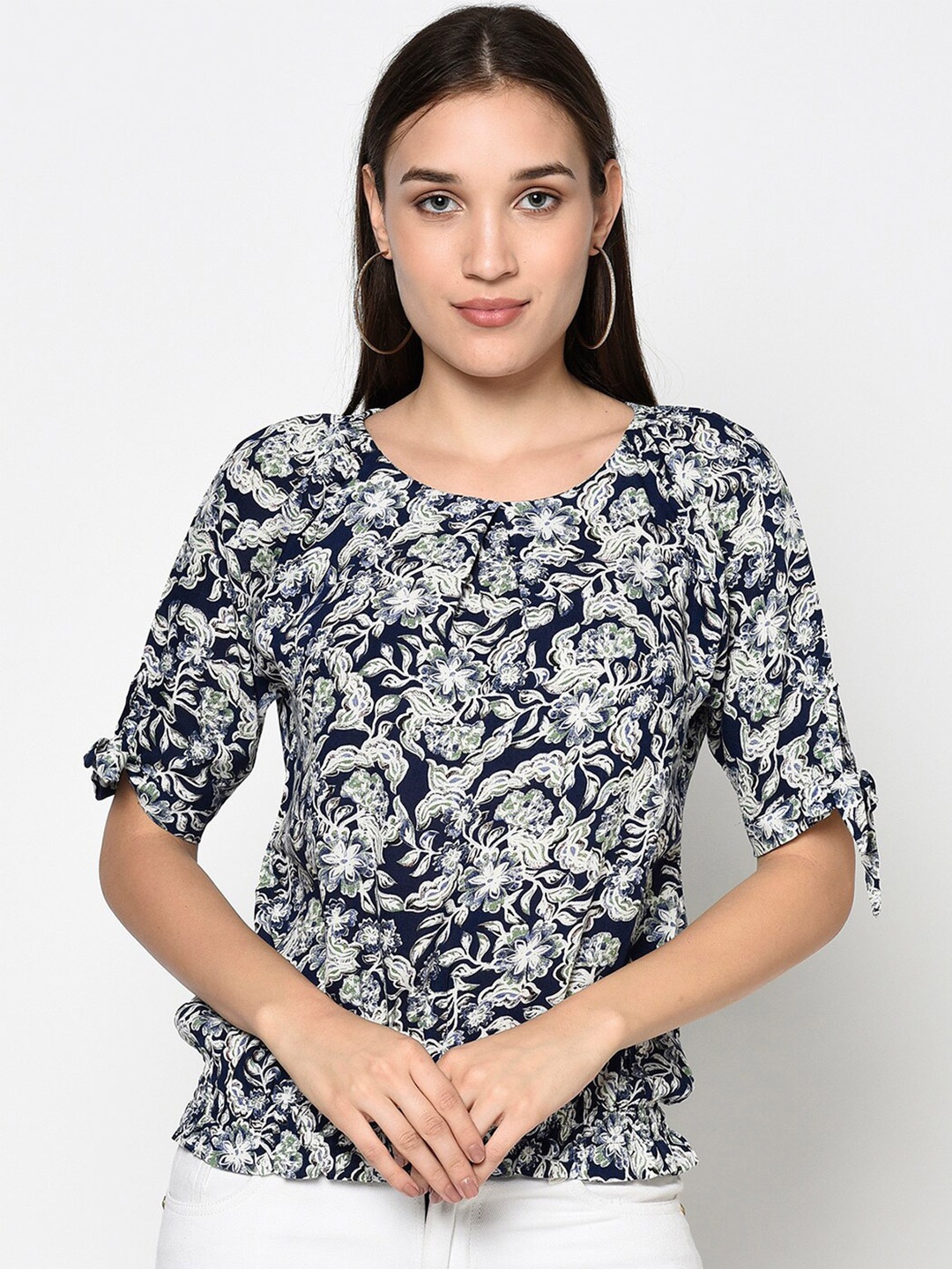 

Miss Grace Floral Printed Round Neck Regular Top, Navy blue