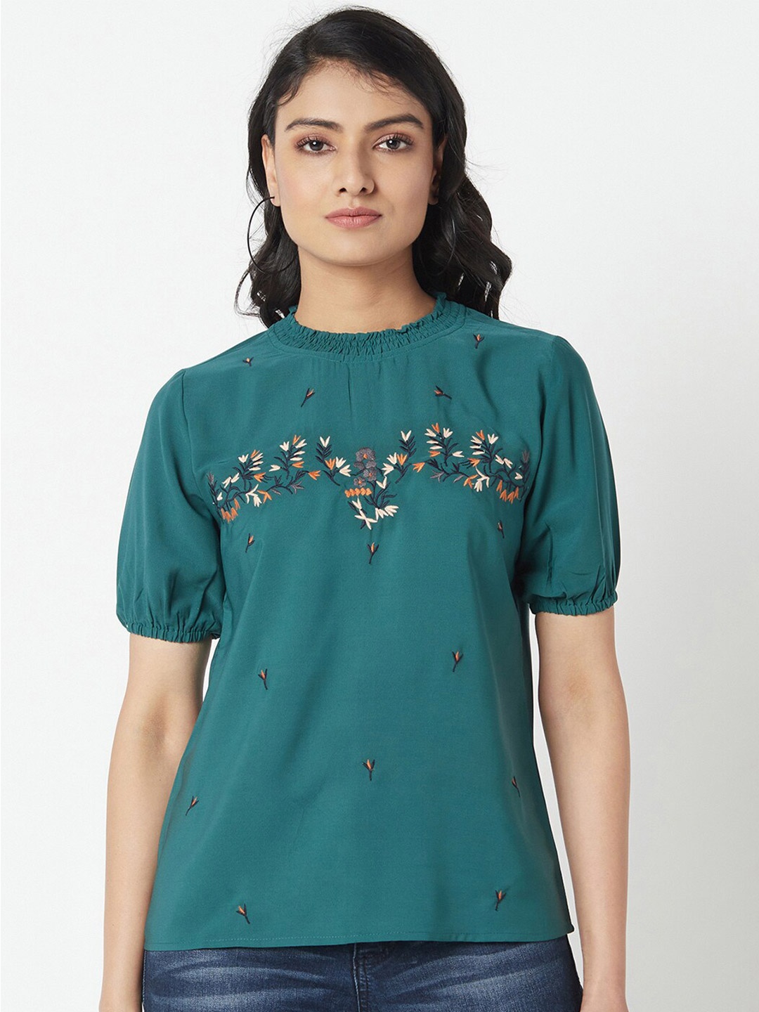 

Miss Grace Smocked Floral Embroidered Puff Sleeve Top, Teal