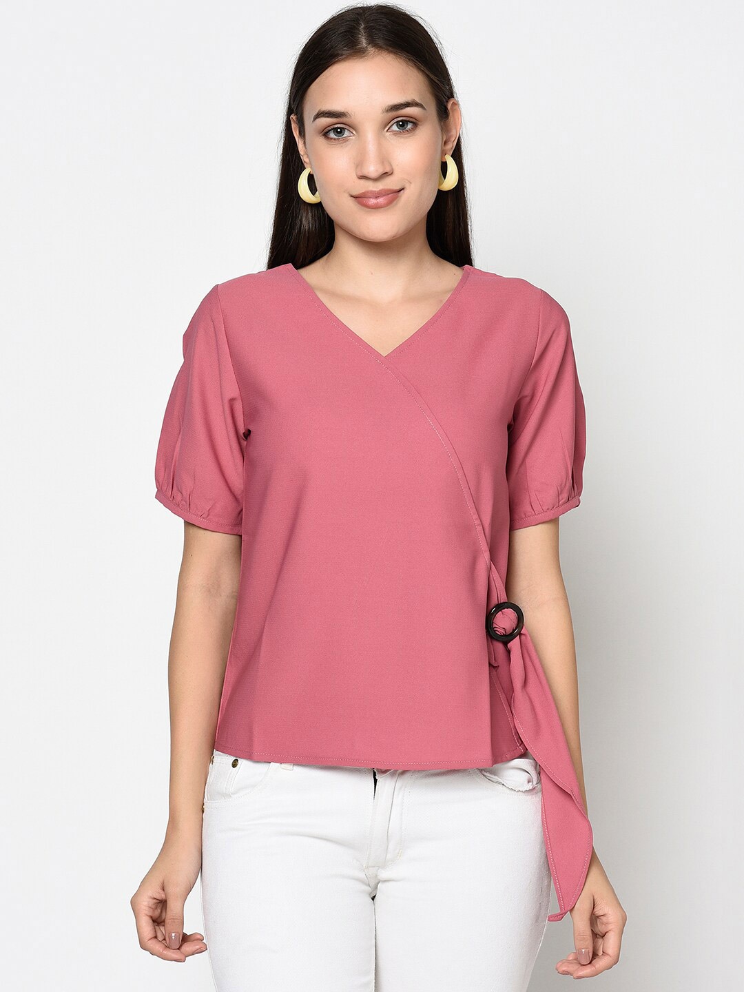

Miss Grace V-Neck Puff Sleeves Wrap Top, Pink