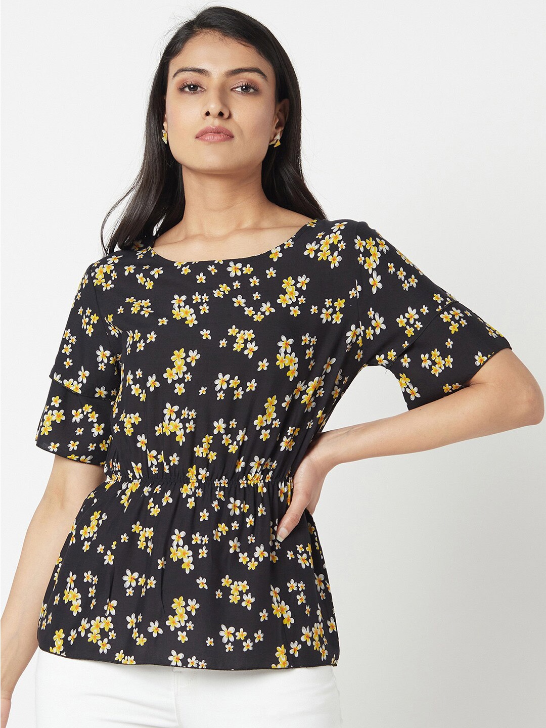 

Miss Grace Floral Print Cinched Waist Top, Black