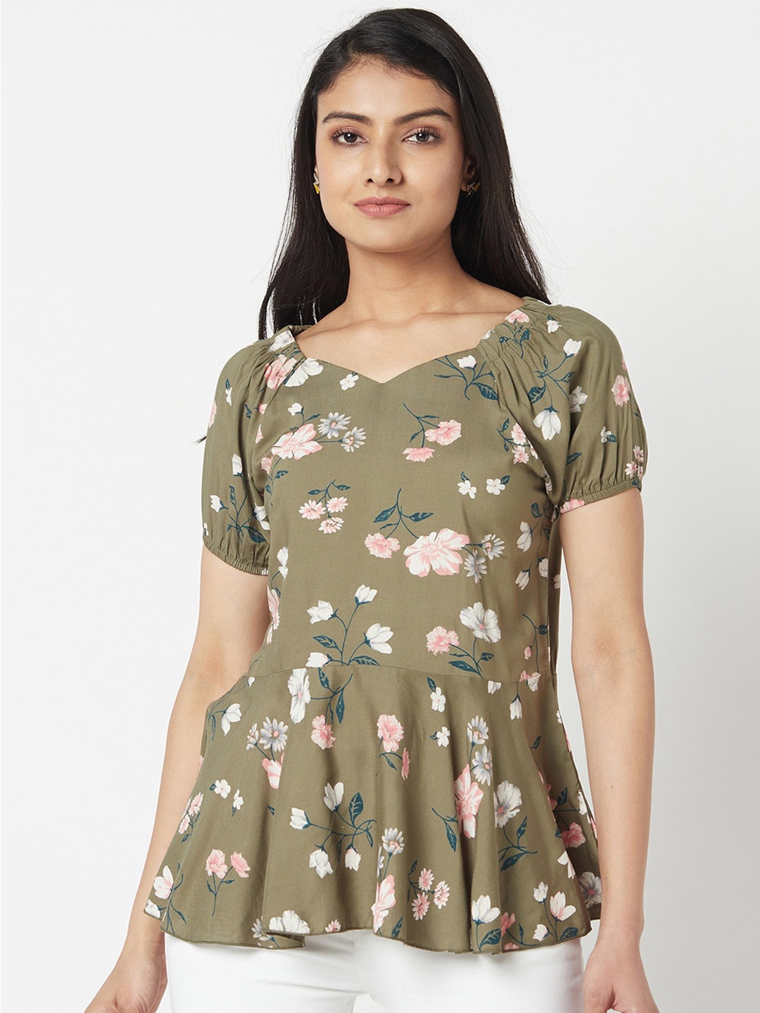 

Miss Grace Floral Printed Sweetheart Neck Peplum Top, Green