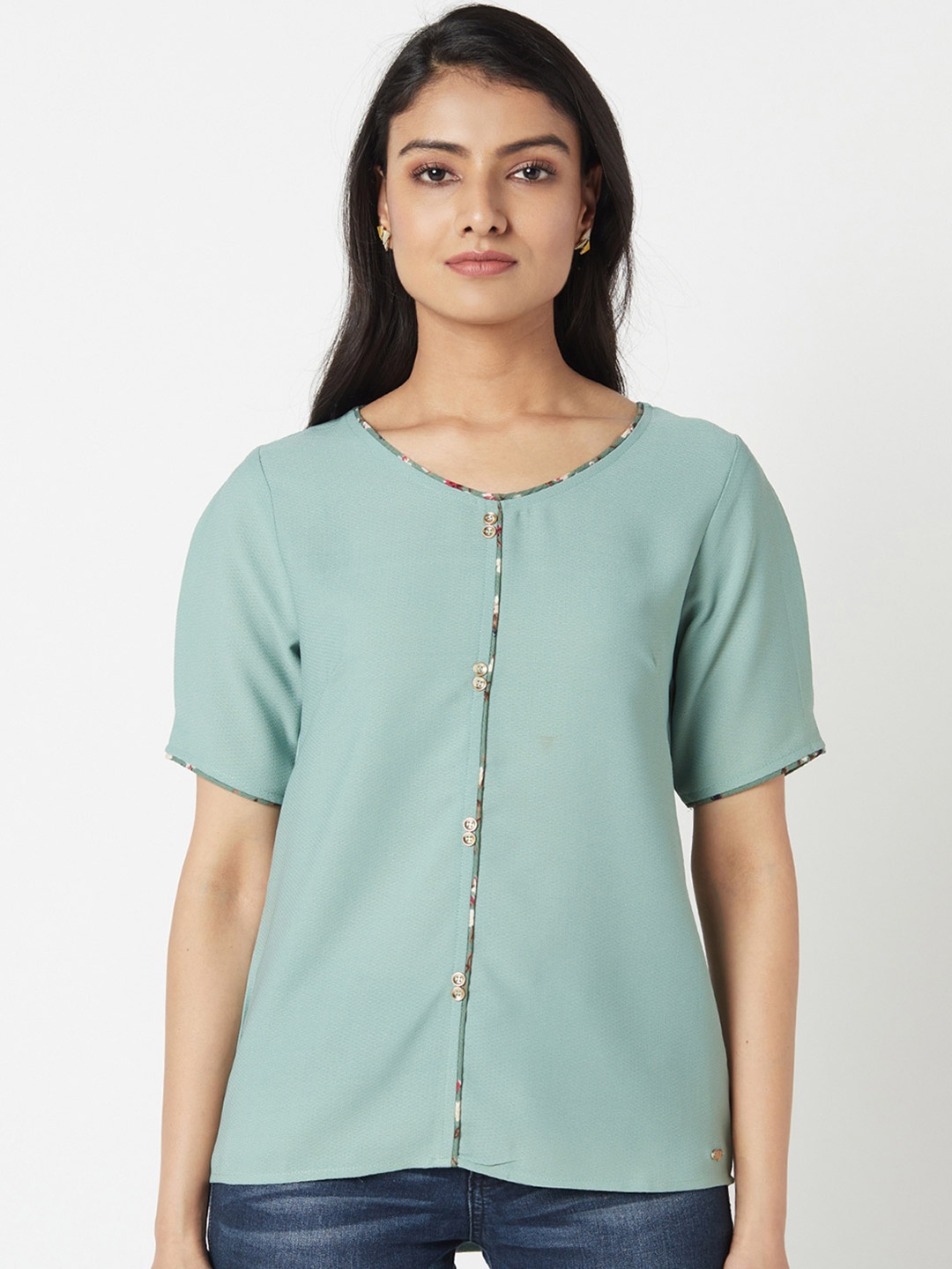 

Miss Grace Round Neck Shirt Sleeves Regular Top, Sea green