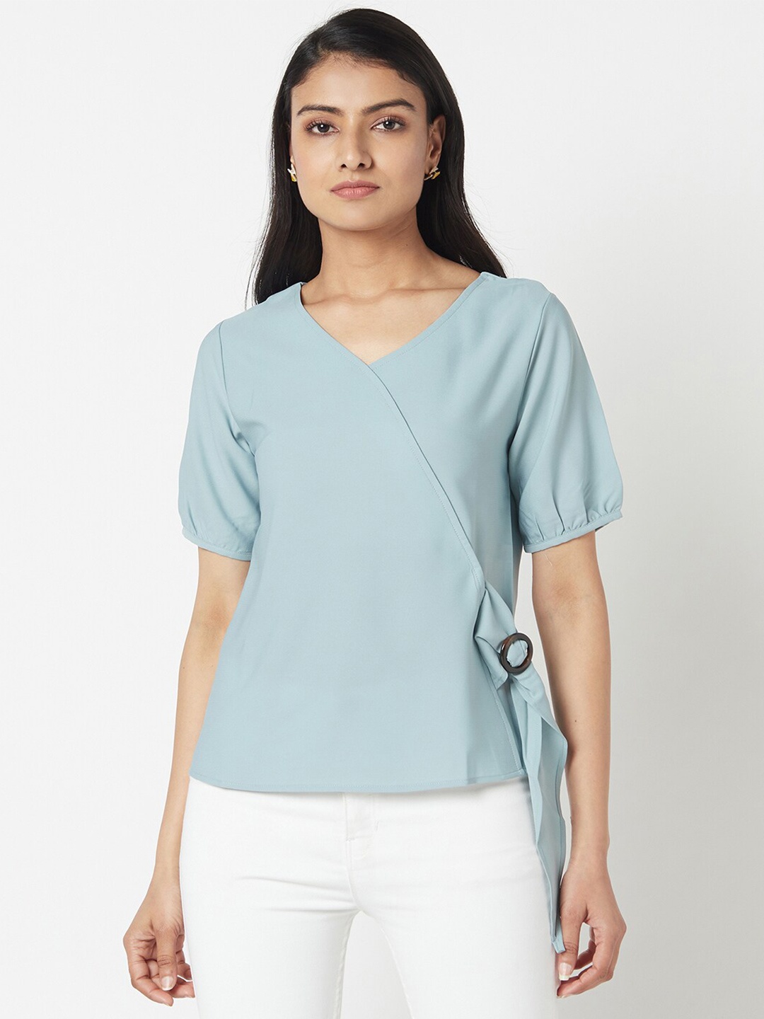 

Miss Grace Puff Sleeves V-Neck Wrap Top, Turquoise blue