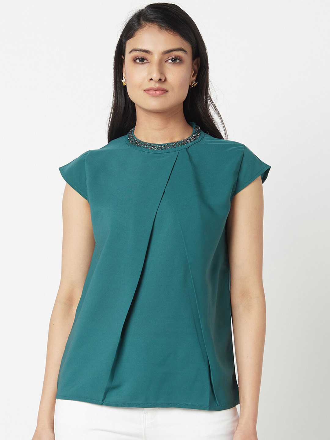 

Miss Grace Embellished Cap Sleeves Regular Top, Green