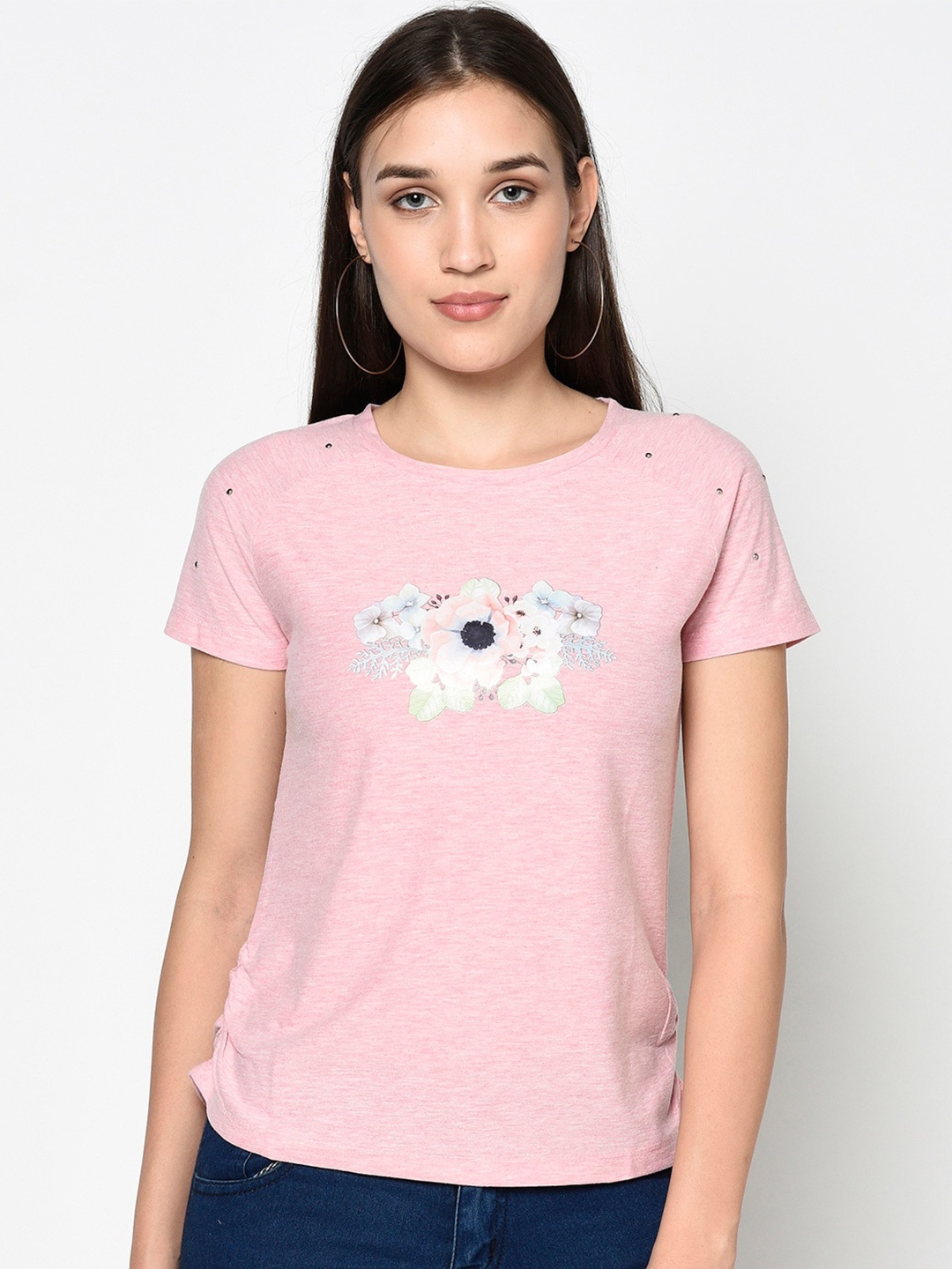 

Miss Grace Floral Printed Raglan Sleeves Studded Top, Pink