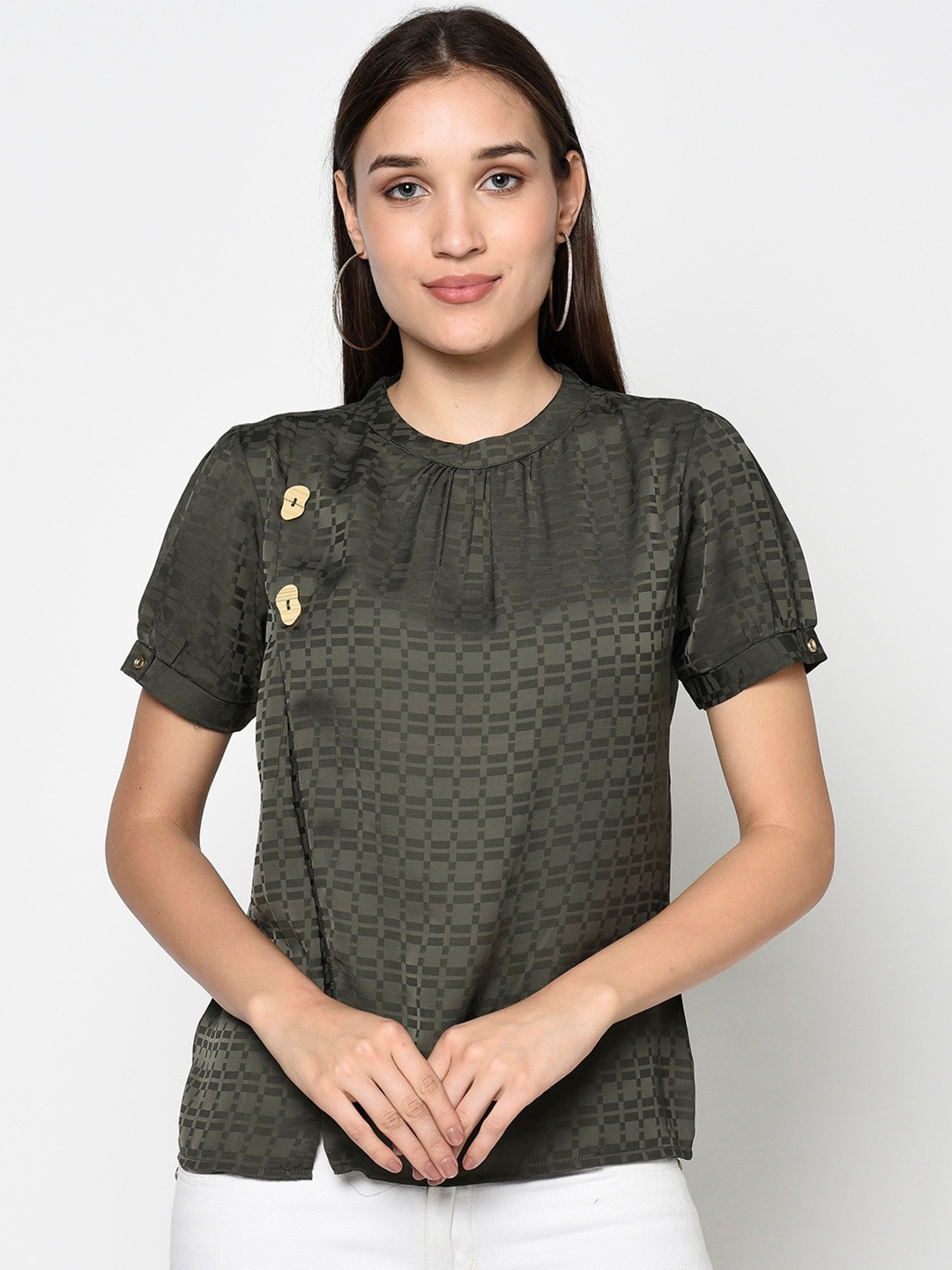 

Miss Grace Puff Sleeves Self Design Top, Olive