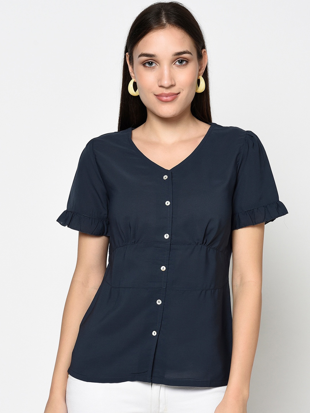 

Miss Grace V-Neck Puff Sleeves Shirt Style Top, Navy blue