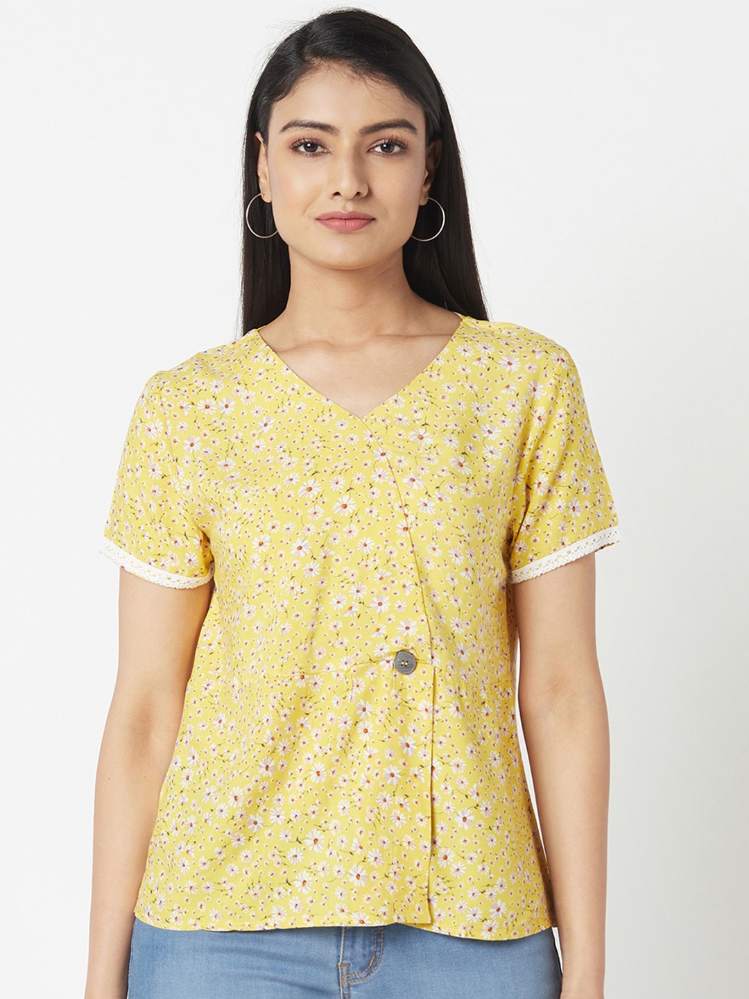 

Miss Grace Floral Printed V Neck Top, Yellow