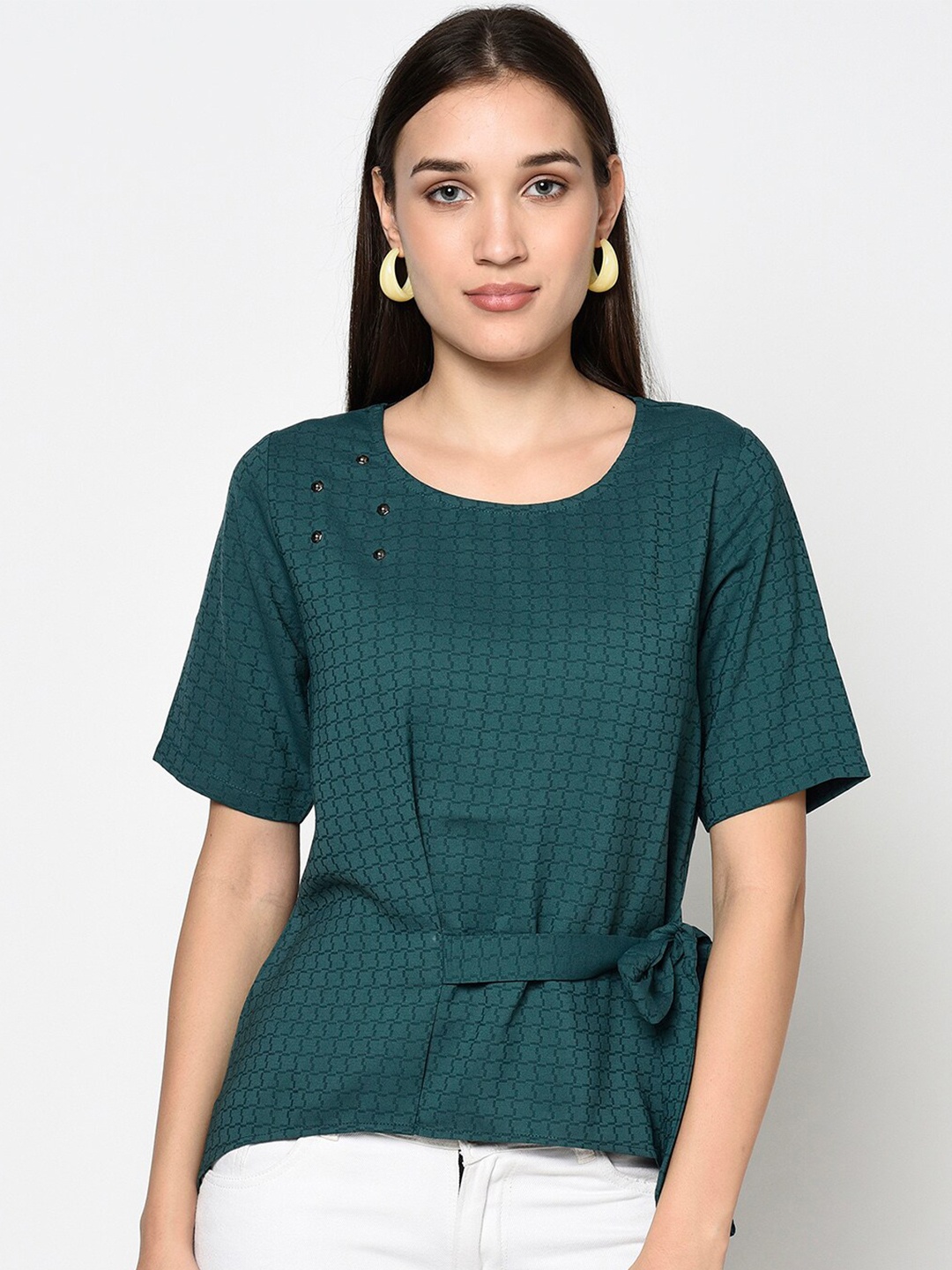 

Miss Grace Printed Waist Tie-Up Cinched Waist Top, Green