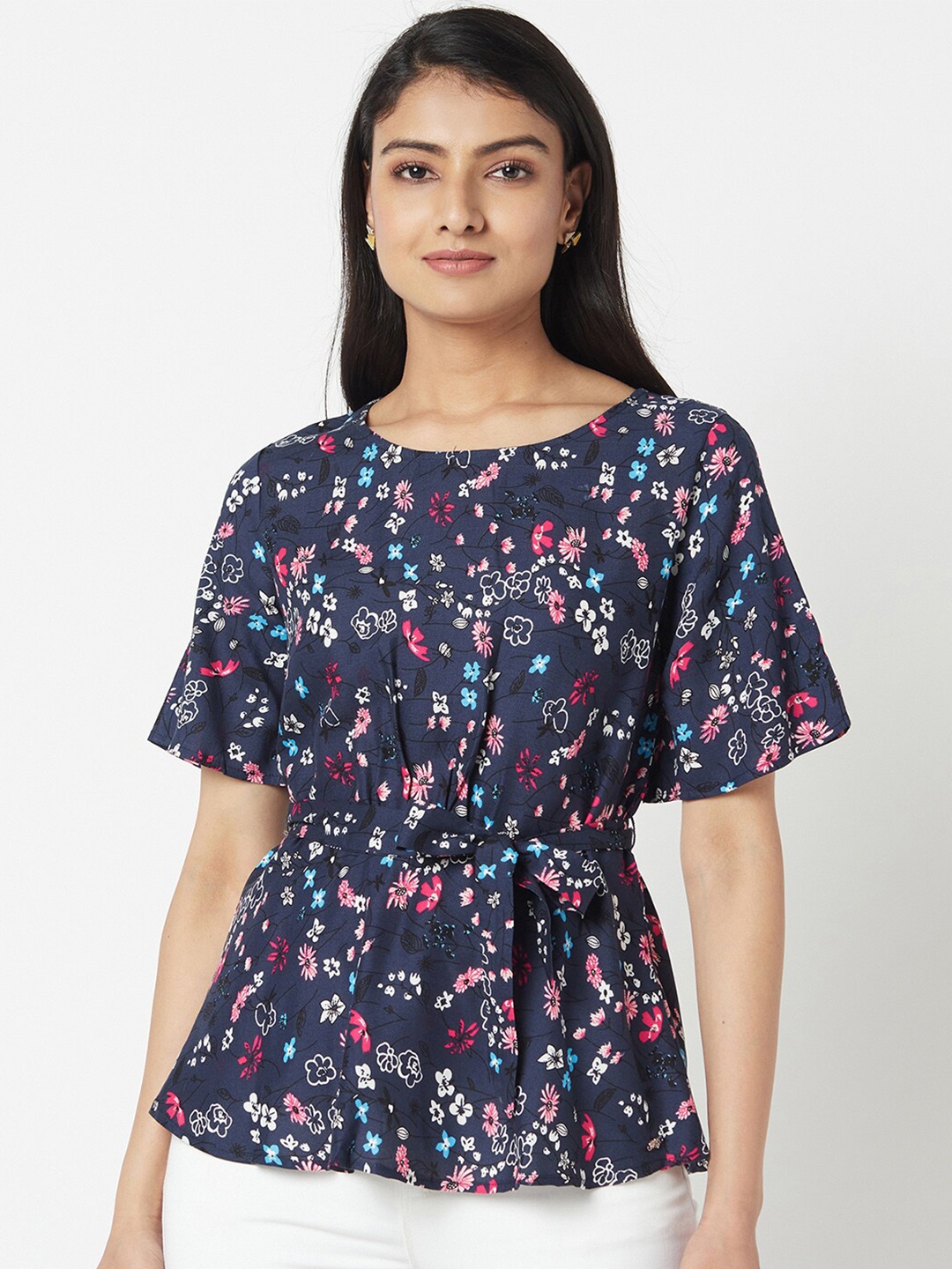

Miss Grace Floral Printed Waist Tie-Ups Top, Navy blue