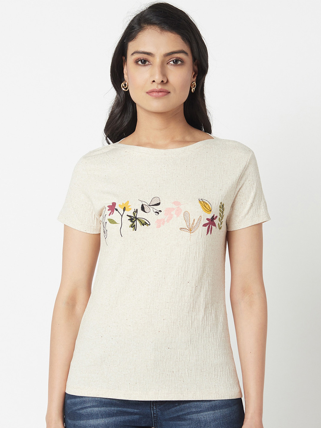 

Miss Grace Floral Printed Embroidered Regular Top, Off white
